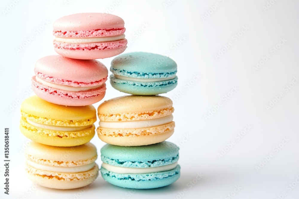 A delightful stack of pastel-colored macarons, a sweet and visually appealing treat. A delightful stack of pastel-colored macarons, a sweet and visually appealing treat.