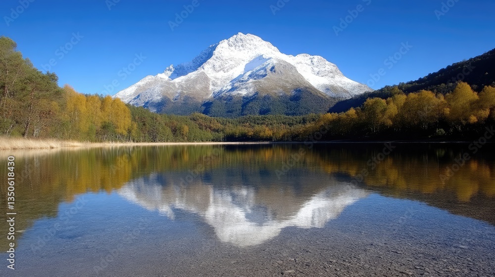 Naklejka premium Majestic mountain reflected in a serene lake. Autumnal foliage surrounds the tranquil water