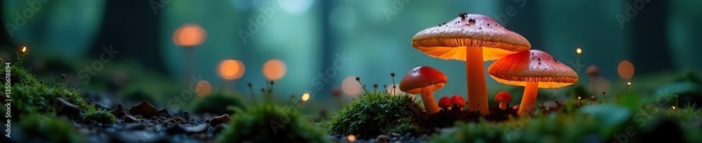 Fototapeta premium Softly glowing mushrooms in a misty forest atmosphere, earthy, subtle, texture
