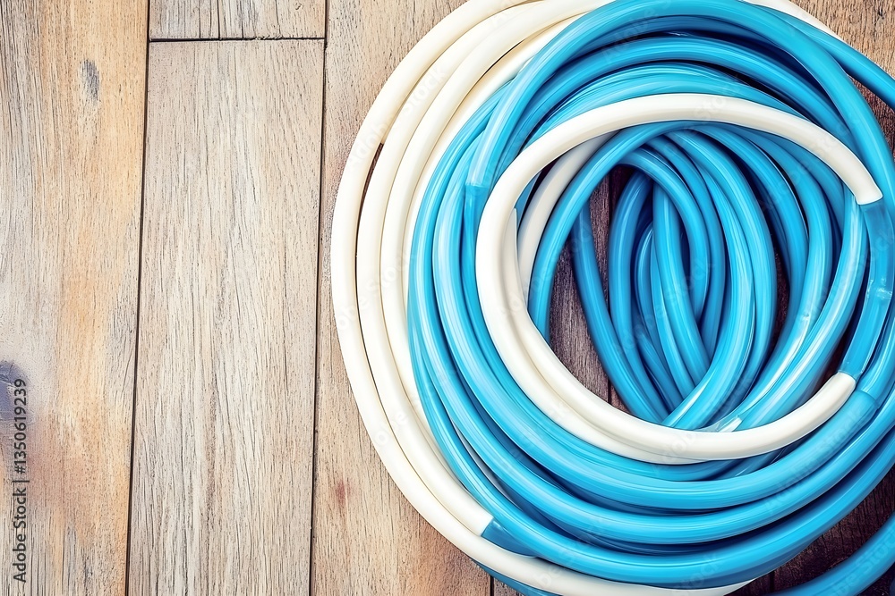 Blue and White Garden Hose on Wooden Floor Blue and White Garden Hose on Wooden Floor