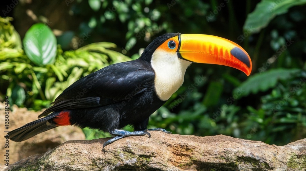 Naklejka premium Colorful Toucan Perched on Rock Surrounded by Lush Green Foliage in a Tropical Environment