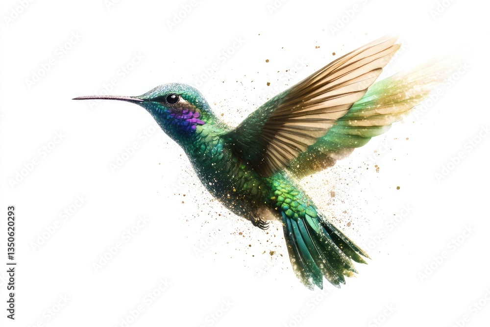 Fototapeta premium A vibrant hummingbird in flight, wings spread, showcasing iridescent green and gold feathers against a white background.