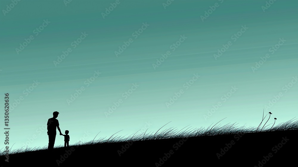 Silhouetted Father and Child Holding Hands at Sunset on a Grassy Hill with Minimalist Design, Fathers Day Celebration Illustration with Copy Space Silhouetted Father and Child Holding Hands at Sunset on a Grassy Hill with Minimalist Design, Fathers Day Celebration Illustration with Copy Space