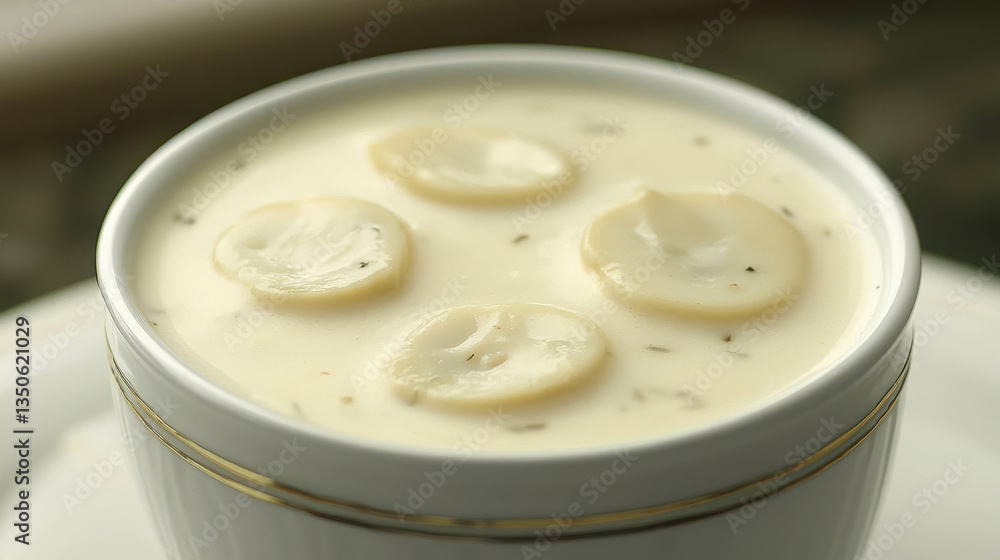 Creamy Banana Soup with Slices and Herbs in Elegant White Bowl on Table Creamy Banana Soup with Slices and Herbs in Elegant White Bowl on Table