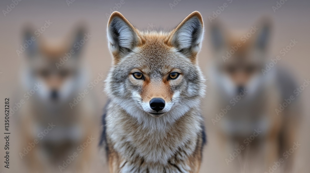 Fototapeta premium Three Coyotes in a Row. Focused on the central coyote, with blurred background of others