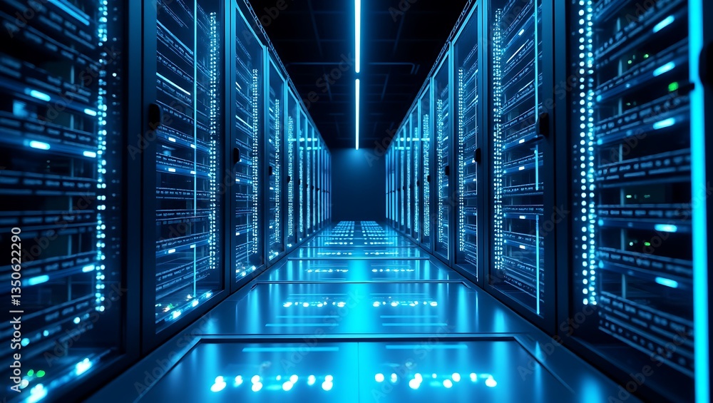 Futuristic Data Center: Blue LED Lights and Holographic Displays in a High-Tech Environment Futuristic Data Center: Blue LED Lights and Holographic Displays in a High-Tech Environment