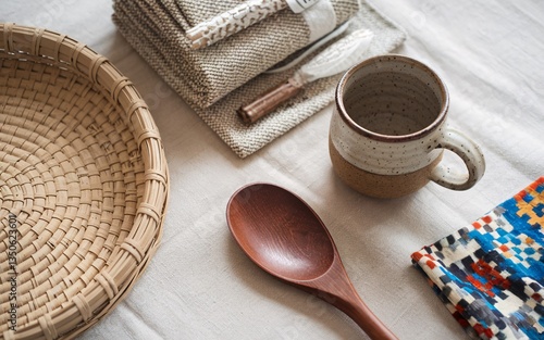 local craft, Woven basket, linens, mug, spoon on table