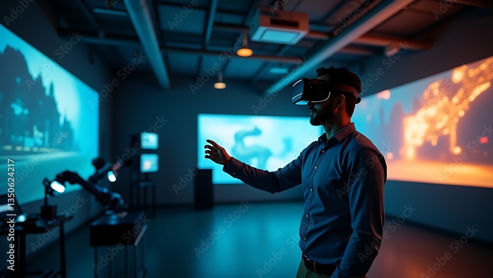 Fototapeta premium Futuristic Data Center: Blue LED Lights and Holographic Displays in a High-Tech Environment