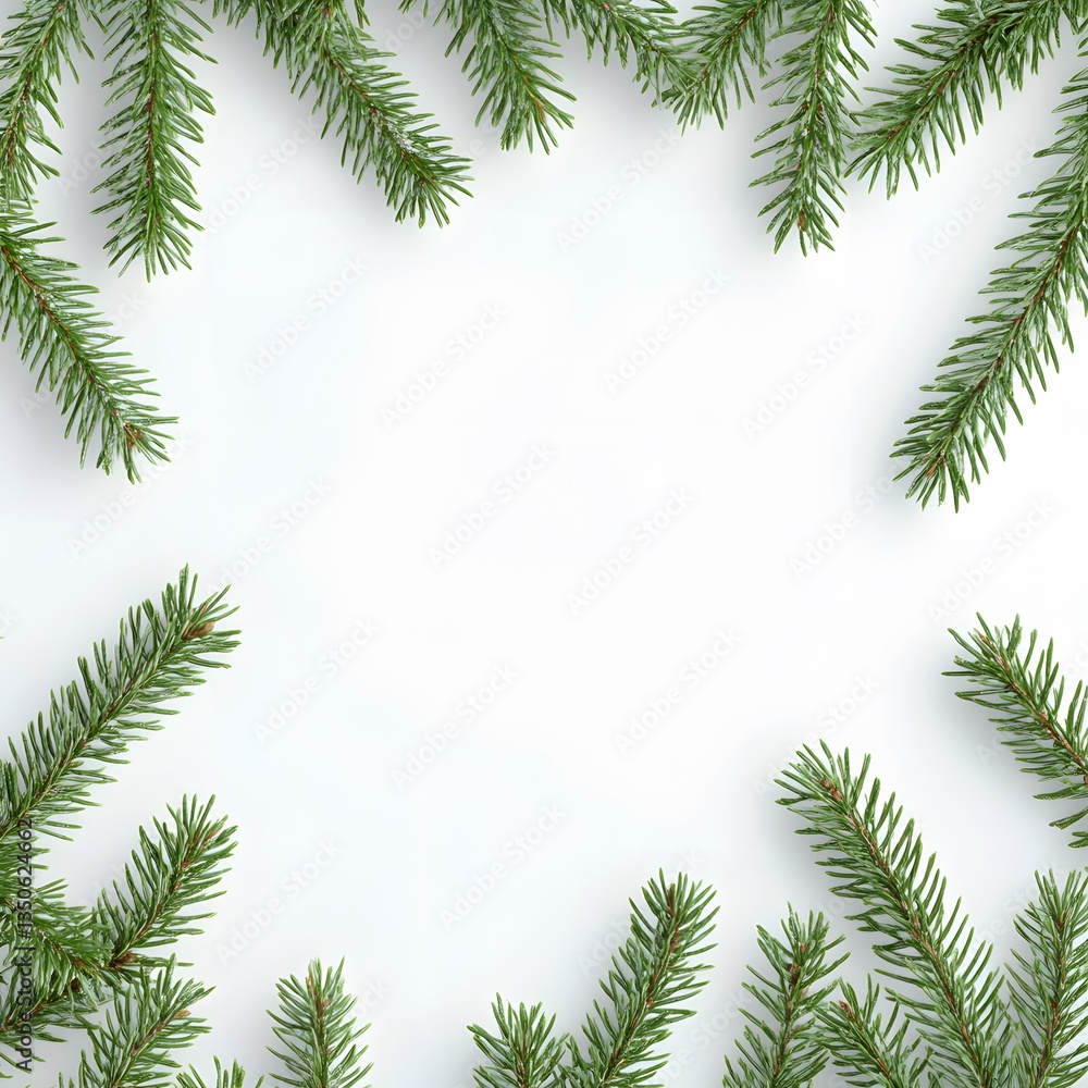 Festive Christmas Frame: Green Pine Branches on White Background Festive Christmas Frame: Green Pine Branches on White Background
