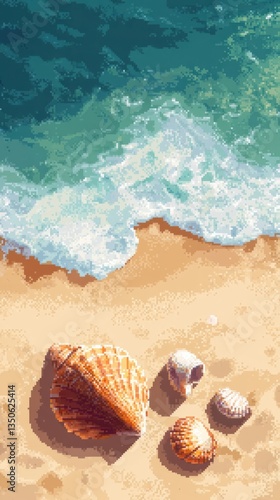 Beach scene showing ocean water sand and some seashells displayed