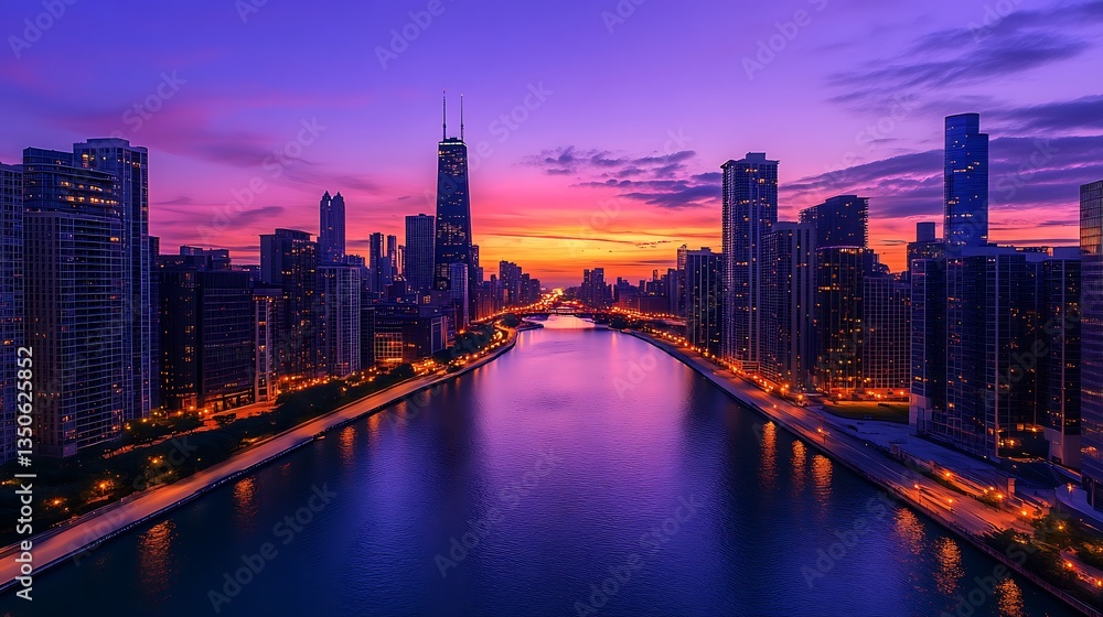 Obraz premium Sunrise over city skyline reflected in calm river