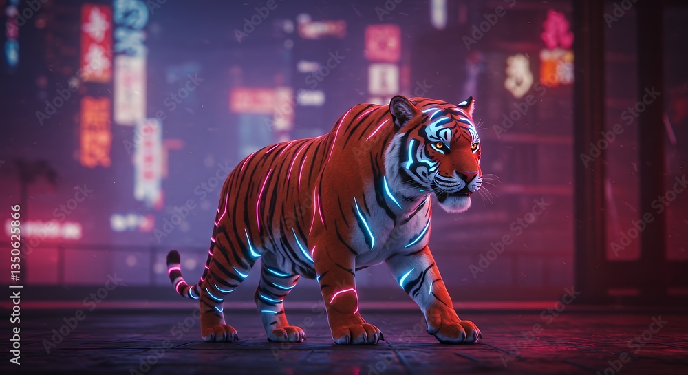 Tiger with Neon Lights Walking in Cityscape Sci-fi Style Tiger with Neon Lights Walking in Cityscape Sci-fi Style