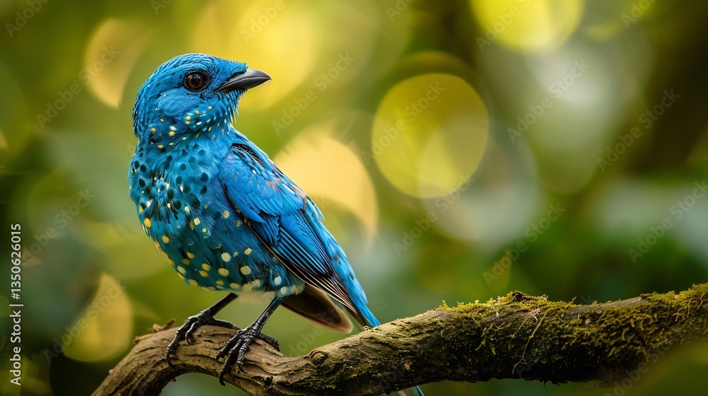 Obraz premium Spangled cotinga perched high the treetops dazzling iridescent blue plumage reflecting soft diffused jungle light cinematic ultra realistic sharpness