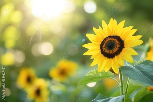 Bright sunflower basking in golden sunlight in a lush garden.