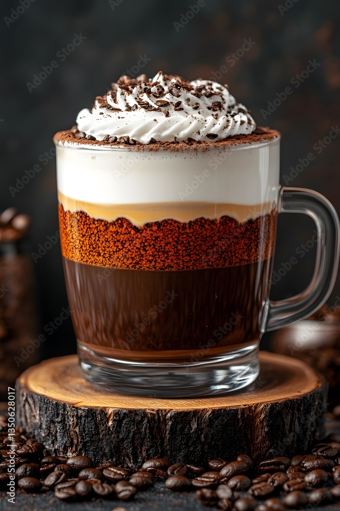 Layered Coffee Drink with Whipped Cream and Cocoa Delicious Espresso Beverage in Glass Mug Layered Coffee Drink with Whipped Cream and Cocoa Delicious Espresso Beverage in Glass Mug