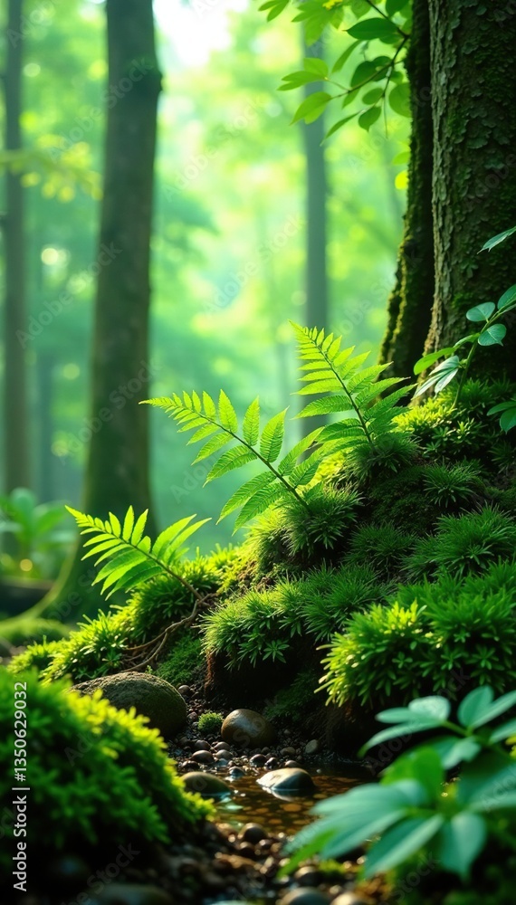 Fototapeta premium ferns and mosses intertwined with stems in white space, nature, forest