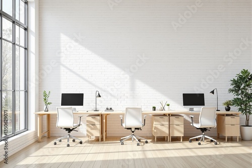 Modern minimalist office interior with wooden desks, white chairs, and natural light.