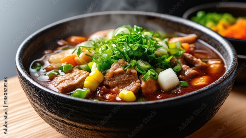 Hearty beef stew in a bowl, steaming hot with vegetables Hearty beef stew in a bowl, steaming hot with vegetables