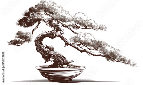 .Illustration of trees, leaves, grass and various botanical elements on a white background.