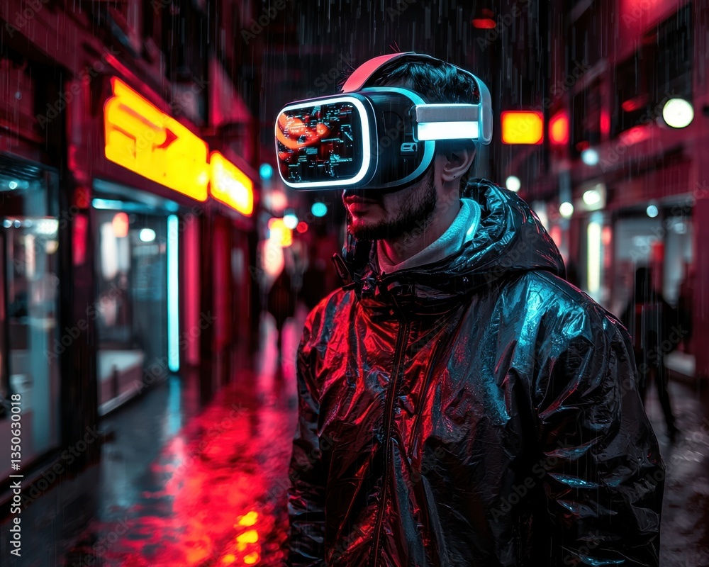 A person wearing a VR headset stands in a vibrant, neon-lit urban environment, showcasing a futuristic and immersive atmosphere. A person wearing a VR headset stands in a vibrant, neon-lit urban environment, showcasing a futuristic and immersive atmosphere.