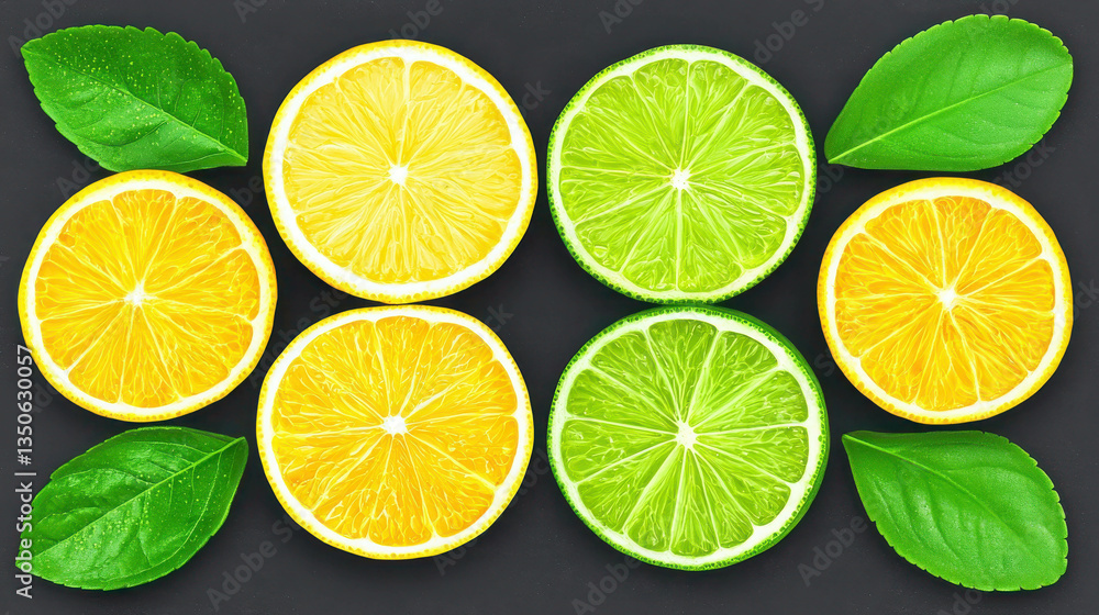 Fototapeta premium Fresh Citrus Slices and Leaves on Dark Surface Creating Vibrant and Colorful Arrangement