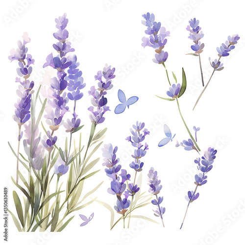 .Illustration of trees, leaves, grass and various botanical elements on a white background.