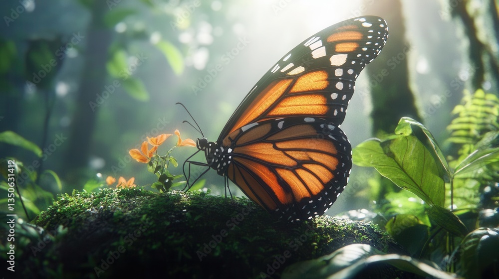 Monarch Butterfly Resting on a Flower in Lush Green Forest with Soft Rays of Sunlight Monarch Butterfly Resting on a Flower in Lush Green Forest with Soft Rays of Sunlight