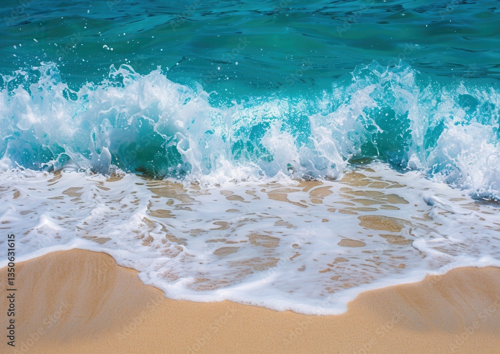 Waves crashing on a golden sandy beach under a bright blue sky. Waves crashing on a golden sandy beach under a bright blue sky.
