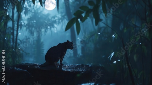 Majestic Silhouette of a Big Cat in a Mystical Jungle Under a Full Moon at Night