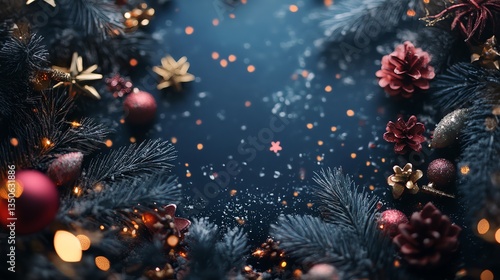 Wallpaper Mural Festive Christmas Ornament and Pine Branch Arrangement with Sparkling Lights Torontodigital.ca