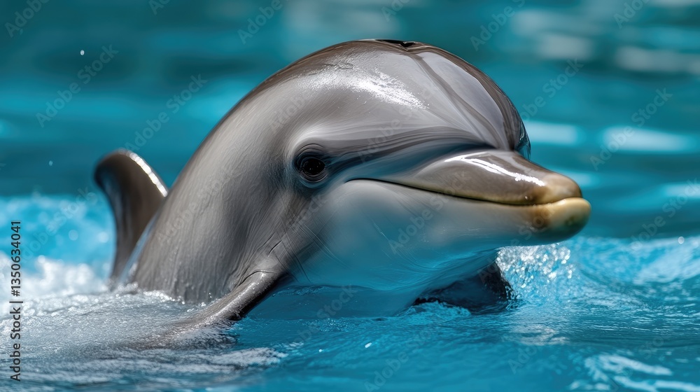 Naklejka premium Close-up of a dolphin in water. Dolphin's head and upper body are visible, exhibiting smooth, grey skin. The water is a vibrant blue