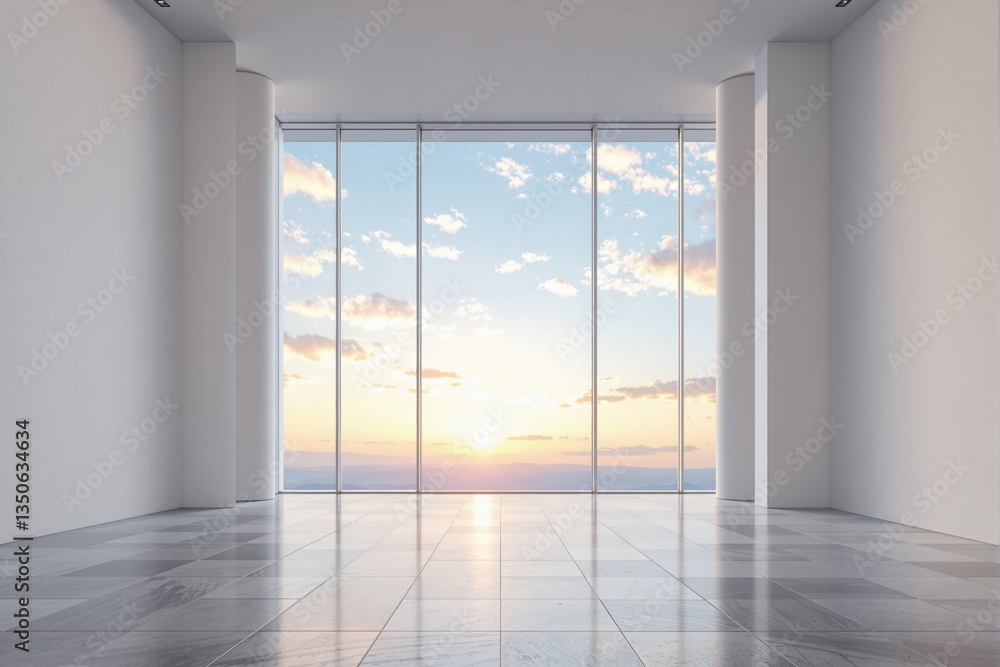 Fototapeta premium Modern interior with large glass windows and scenic sunset view.
