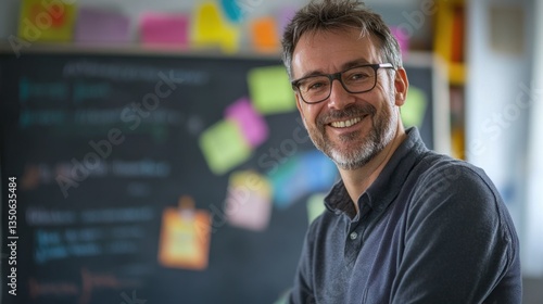 Smiling adult male educator in front of a chalkboard with colorful sticky notes and classroom materials promoting creativity and learning in an engaging environment