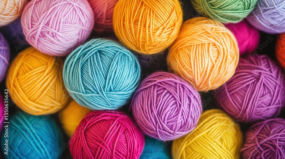Colorful balls of yarn arranged in an artistic pattern, symbolizing creativity and knitting skills, variety and beauty of knitting materials, vibrant and colorful background Colorful balls of yarn arranged in an artistic pattern, symbolizing creativity and knitting skills, variety and beauty of knitting materials, vibrant and colorful background