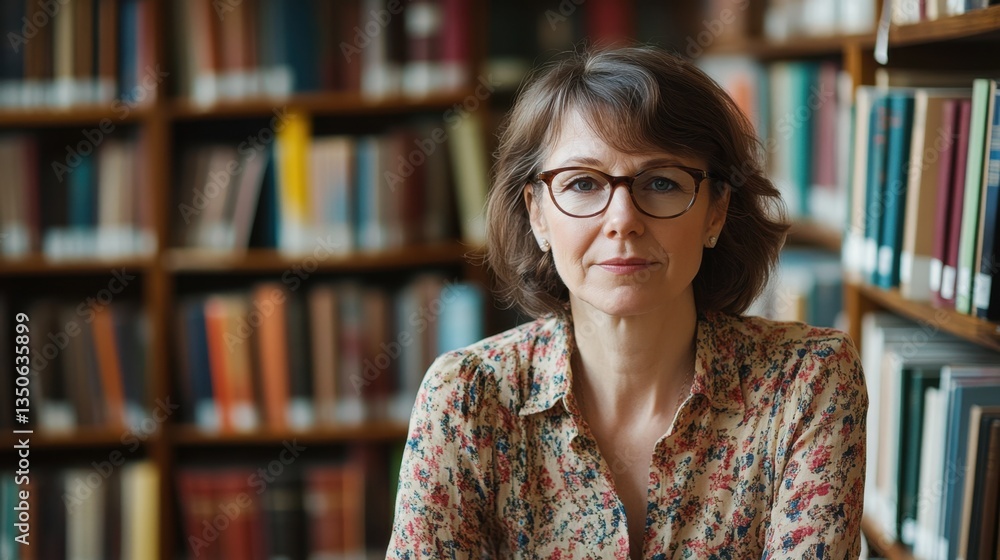 Thoughtful woman with glasses in a library surrounded by shelves filled with colorful books, reflecting on knowledge and reading in a serene environment. Thoughtful woman with glasses in a library surrounded by shelves filled with colorful books, reflecting on knowledge and reading in a serene environment.