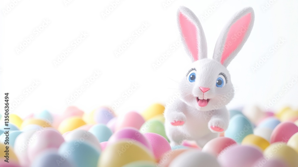 Cute Easter Bunny Among Colorful Eggs in Bright Space Cute Easter Bunny Among Colorful Eggs in Bright Space