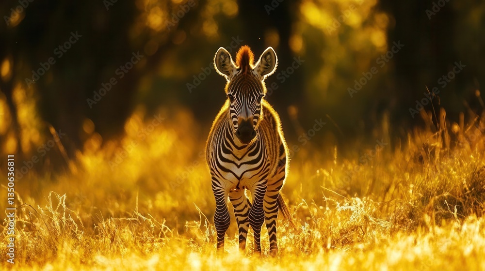 Fototapeta premium Solitary Zebra Standing Among Golden Grass in Savanna with Sunlight Filtering Through Trees