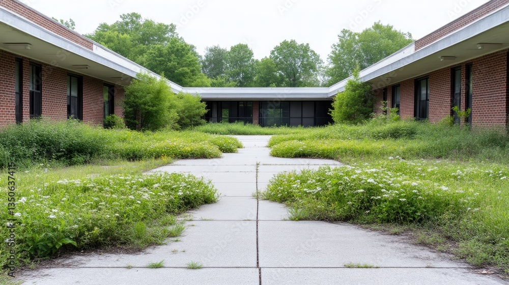 Fototapeta premium Abandoned school courtyard overgrown with weeds