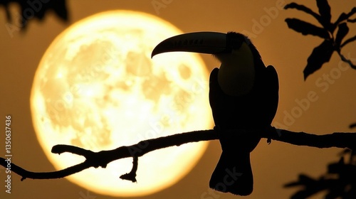 Silhouette of a Toucan on a Branch Against a Full Moon at Dusk with Glowing Halo
