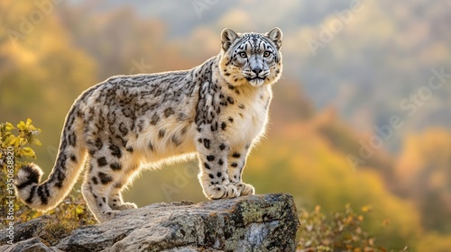 Snow Leopard Sitting on Rock with Autumn Forest in the Background During Daytime