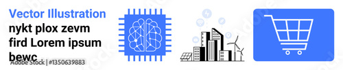 Microchip with brain, eco-friendly cityscape, shopping cart symbolizing artificial intelligence, sustainability, e-commerce. Ideal for tech innovation, environment, smart cities, retail AI
