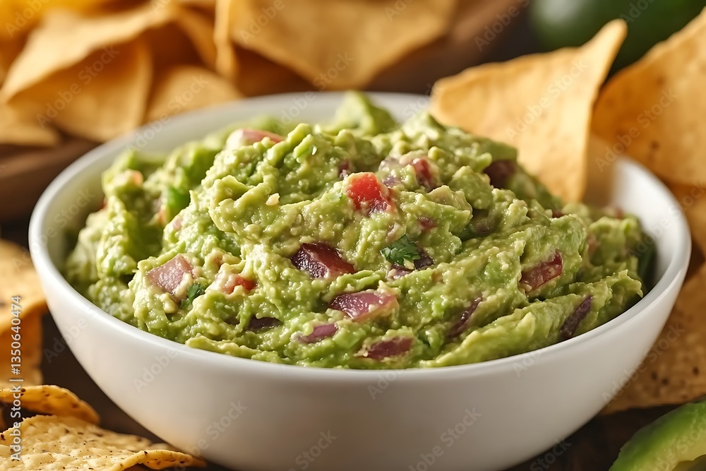 Creamy Guacamole with Red Onion in White Bowl and Tortilla Chips Creamy Guacamole with Red Onion in White Bowl and Tortilla Chips