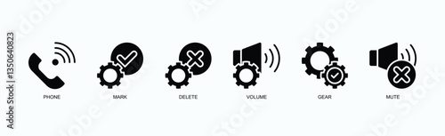 Command Dial Icon Set Isolated Vector Illustration Concept With Icon Of Phone, Mark, Delete, Volume, Gear, Mute In Glyph Style