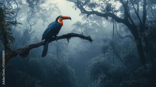 Toucan Perched on a Branch in a Misty Tropical Rainforest at Dusk