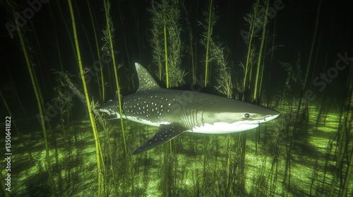 Underwater Scene Featuring a Shark Swimming Amongst Lush Green Bamboo in Deep Ocean Environment