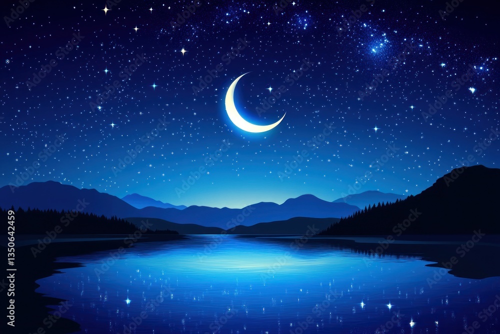 Crescent moon over mountain lake at night Crescent moon over mountain lake at night