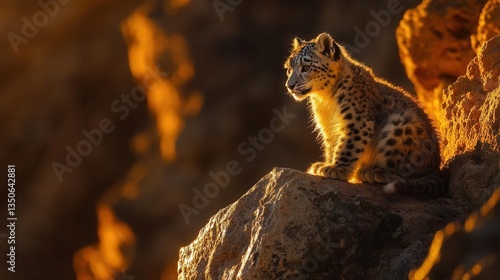 Young Snow Leopard Cub Sitting on Rocky Outcrop Bathed in Golden Sunlight at Dusk