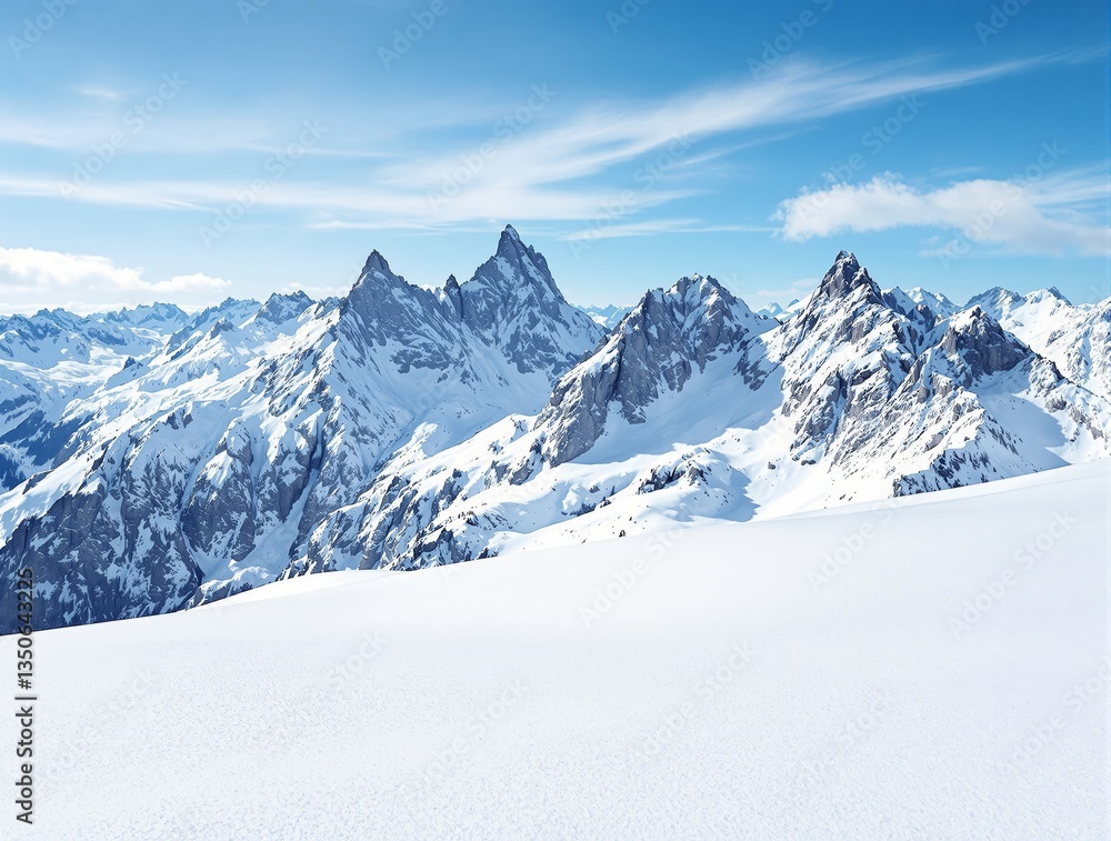 Fototapeta premium Snow-covered mountain peaks under a bright blue sky with wispy clouds. The pristine white slopes contrast with rugged rocky peaks. Ai generative