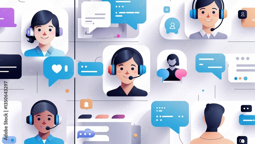 Customer Support Interface Icon, Virtual Customer Support Team with Live Chat Interface and Communication Icons Customer Support Interface Icon, Virtual Customer Support Team with Live Chat Interface and Communication Icons