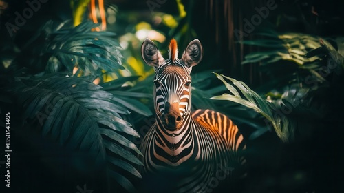 Zebra in Dense Tropical Jungle Surrounded by Lush Greenery in Vibrant Natural Habitat